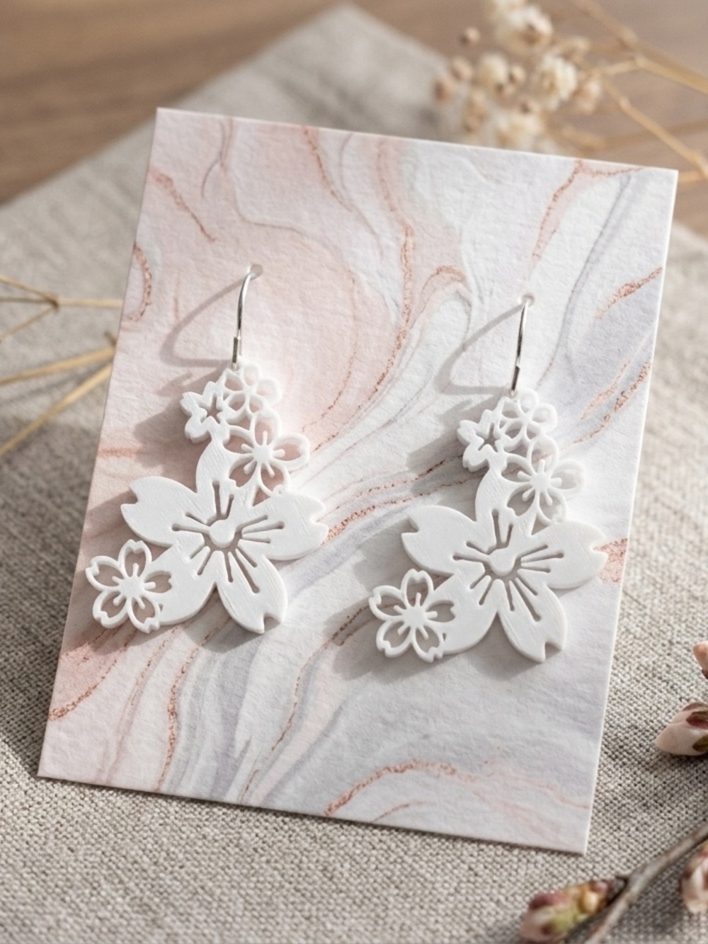 Floral Drop Earrings - White Ceramic Blossom Design